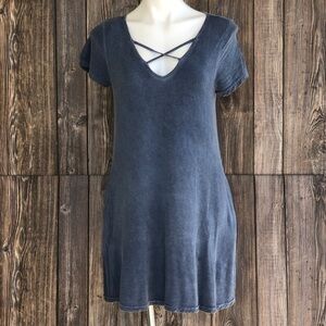 UMGEE Small Dress Cross Strap V-neck Blue Tee Shirt Pockets